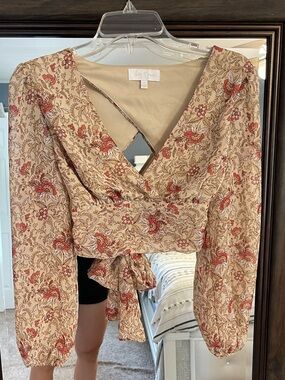 Floral Wrap Blouse with tie back - Beige & Red